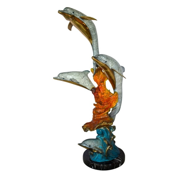 Four Dolphins Swimming in Ocean Colored Bronze Statue Size: 18" x 14" x 41"H