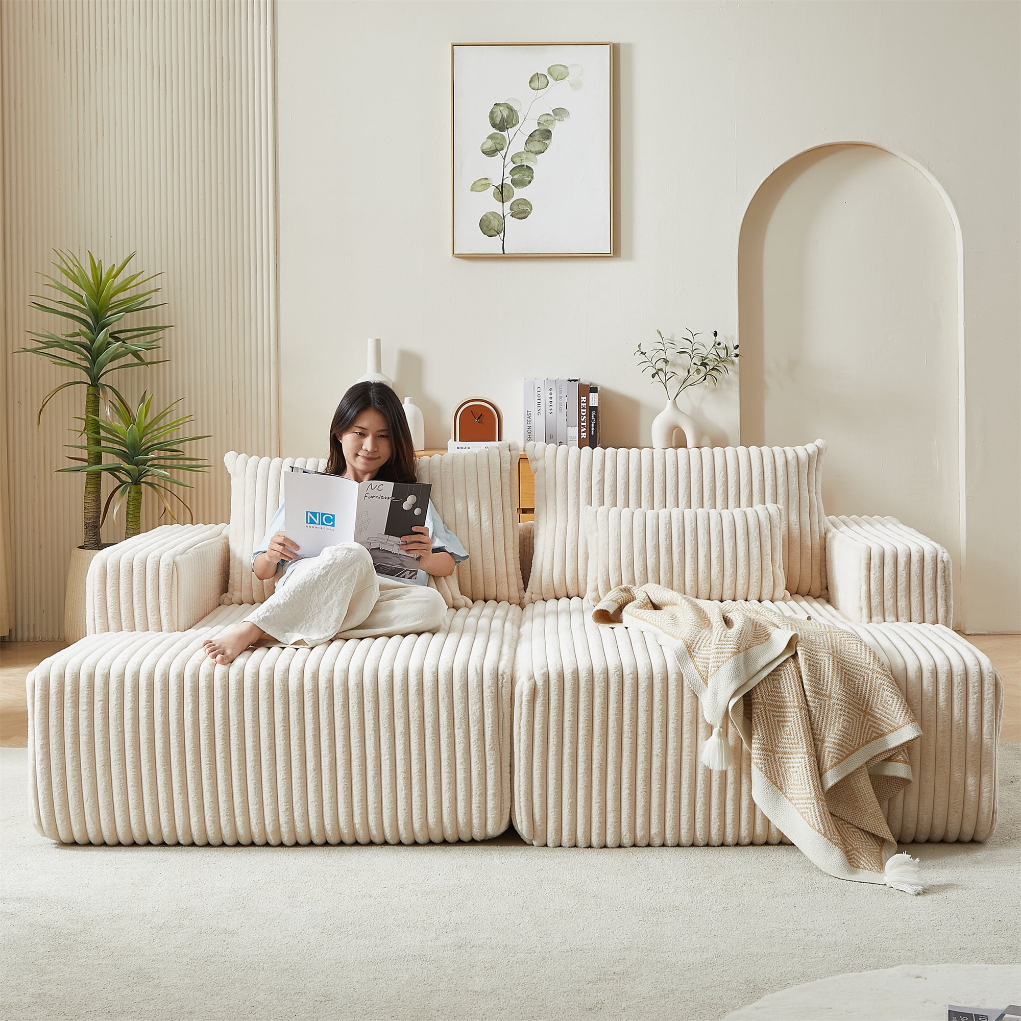Aukfa 87" Oversized Double Chaise Lounge Indoor Chair Boneless Couch for Living Room, 4 Pillows, Beige