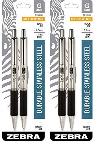 Zebra Pen G-402 Stainless Steel Retractable Gel Pen Fine Point Black Ink 2-Count 49212 0.5mm 
