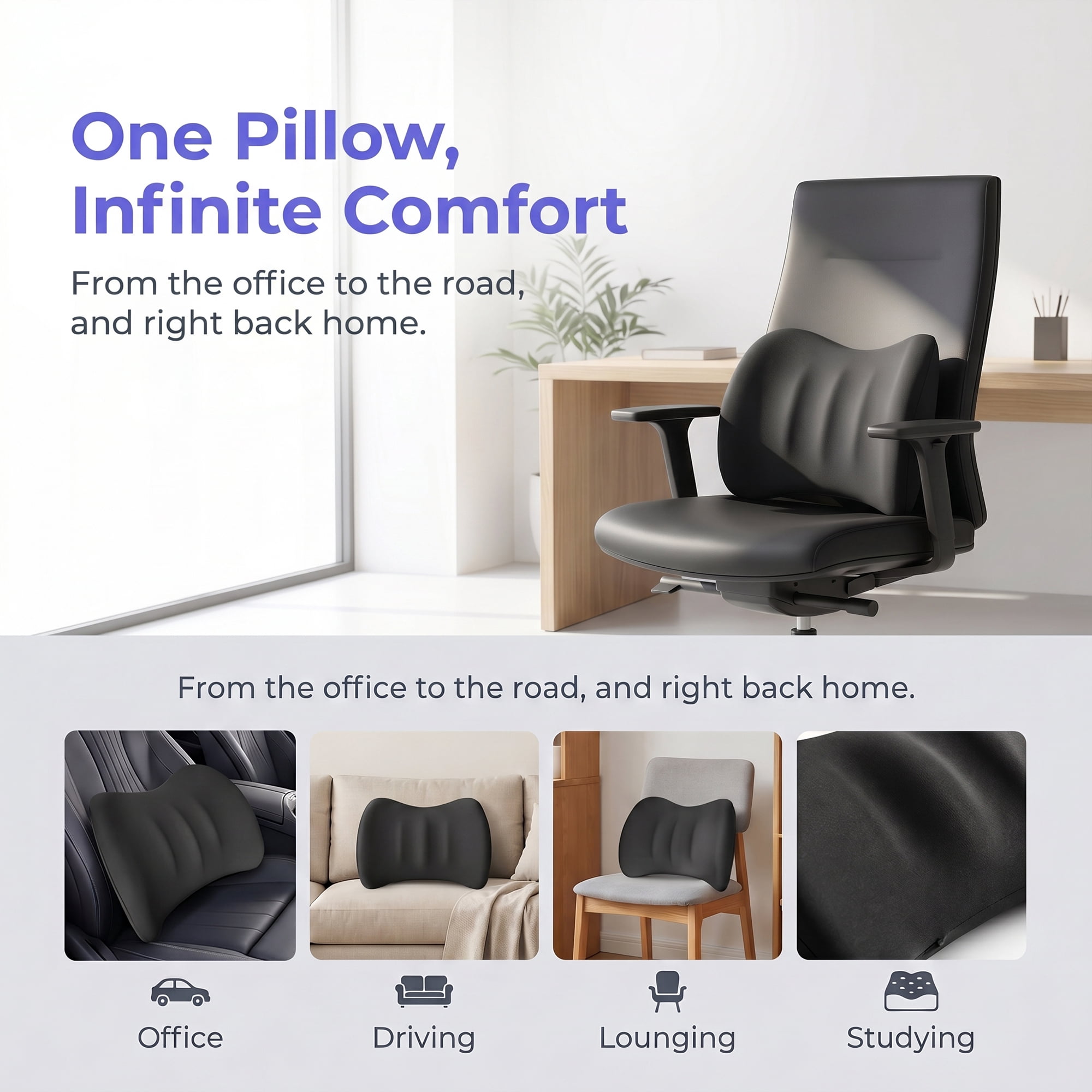 Unique Bargains Lumbar Support Pillow Memory Foam Back Support Black 16.5" x 3.9" x 12.2"