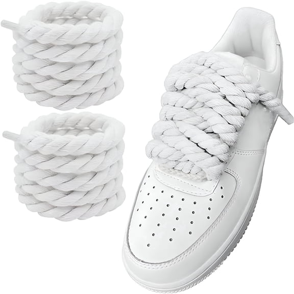 TUWAFE 10mm Thick Rope Shoe Laces, 55 Inch Round Cotton Chunky Shoelaces for Sneakers, Braided Replacement Strings for Boots, Casual Shoes, White