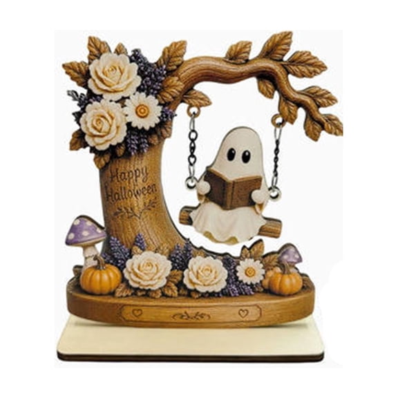 Swinging Ghost on Tree Swing, Cute Swinging Ghost Reading Book Halloween Figurine Indoor Decoration, Desktop & Bookshelf Decor, Outdoor Courtyard Garden Decoration, Halloween Ghost Gift