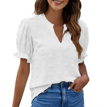 

Fsqjgq Blue Blouse Long Shirt Pajamas for Women Women Solid V Neck Pom Short Sleeve Casual Elegant Shirts Blouses Tops Jacquard Pullover Shirt V Neck Shirts for Women
