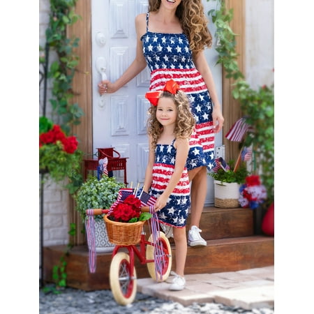 

Xingqing Mommy and Me Family Matching Dress Women Girl 4th of July Sleeveless Stars Stripes Print Tank Dress