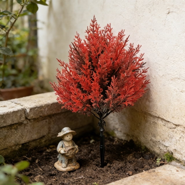 Arbre de Couverture de Sol à Feuilles Rouges Artificielles pour l'Extérieur, Plante en Plastique Résistante à la Décoloration Sans Entretien, Conception Intégrée de Piquet de Sol pour Arrangement de Fleurs en Pot de Jardin Décoration d'Aménagement Paysager