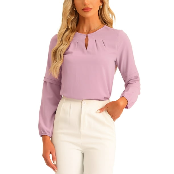 CAMISAS DE TRABAJO CHIC PARA MUJER INSPIRADAS, CAMISA DE CHIFFON DE MANGA LARGA CON ESCOTE EN FORMA DE LLAVE, BLUSA ELEGANTE XS ROSA