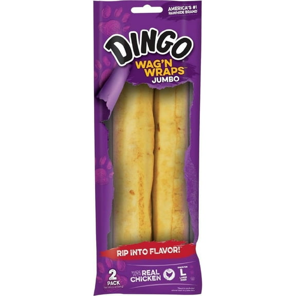 Dingo Wag 'n' Wraps Jumbo Rawhide Chew for Large Dogs, Made with Real Chicken and Pork, 2 Count