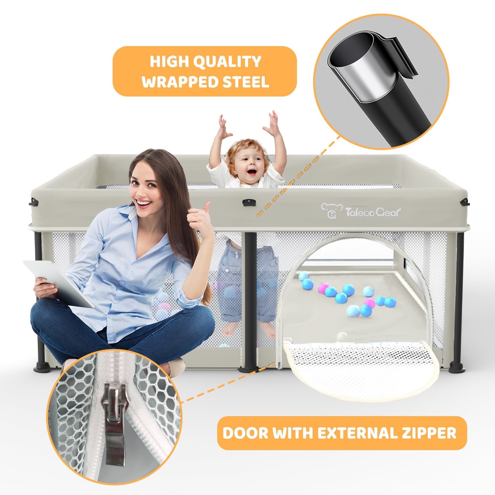 Foldable Baby Playpen with Mat, Collapsible Play Pen for Babies and Toddlers, Indoor & Outdoor Kids Safety Play Pen, Portable Play Yard with 50 Ocean Balls, 50"×50", Beige