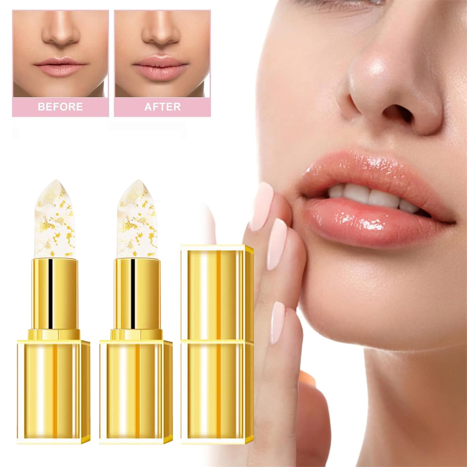 Mcolor 2 Pcs Transferproof Color Changing Lipstick, Imaginary Lip Gloss for Women, Gold Foil Crystal Ph Lipstick Color Changing Moisturizing Glossy Shine Lip Gloss