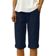 thumbnail image 2 of VV AVEORS Linen Bermuda Shorts For Women Straight Leg Knee Length Casual Capri Pants Drawstring Lightweight Summer Beach Short Capris Navy M, 2 of 8