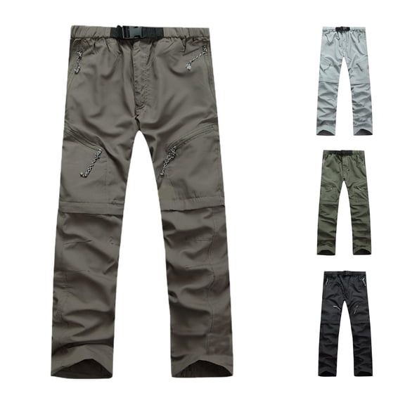 RUTAYY Men's Convertible Cargo Pants Solid Color Multi Zipper Pockets Belted Waist Outdoor Hiking Trousers Khaki