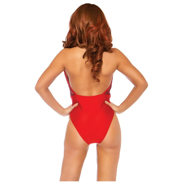 Women's Red Plunging Halter Bodysuit 