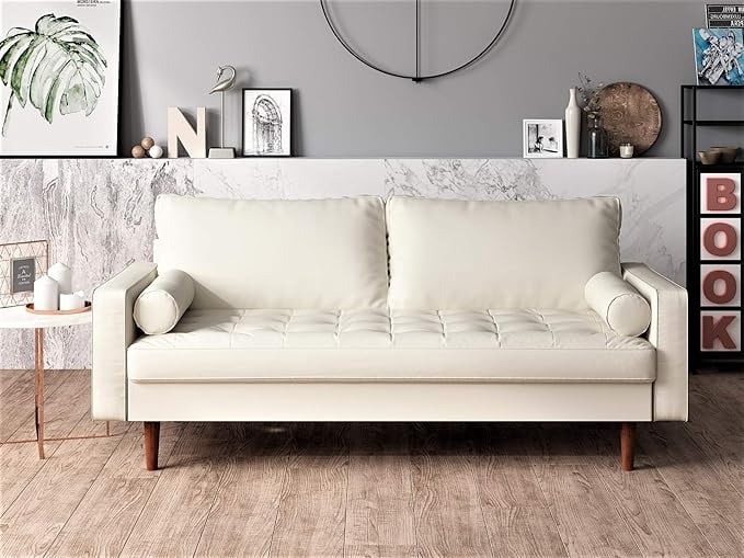 Faux leather Mid Century Modern Couch with Bolster Pillows