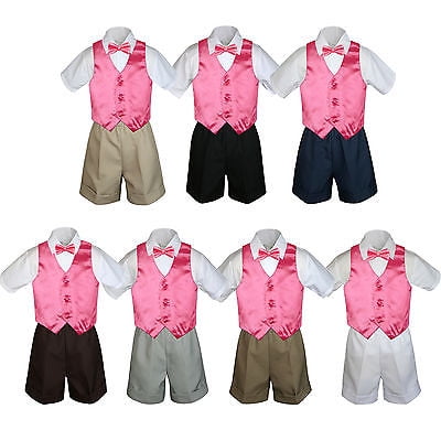 4pc Set Boy Toddler Formal Party Coral Vest and Bow tie White Khaki Shorts S-4T