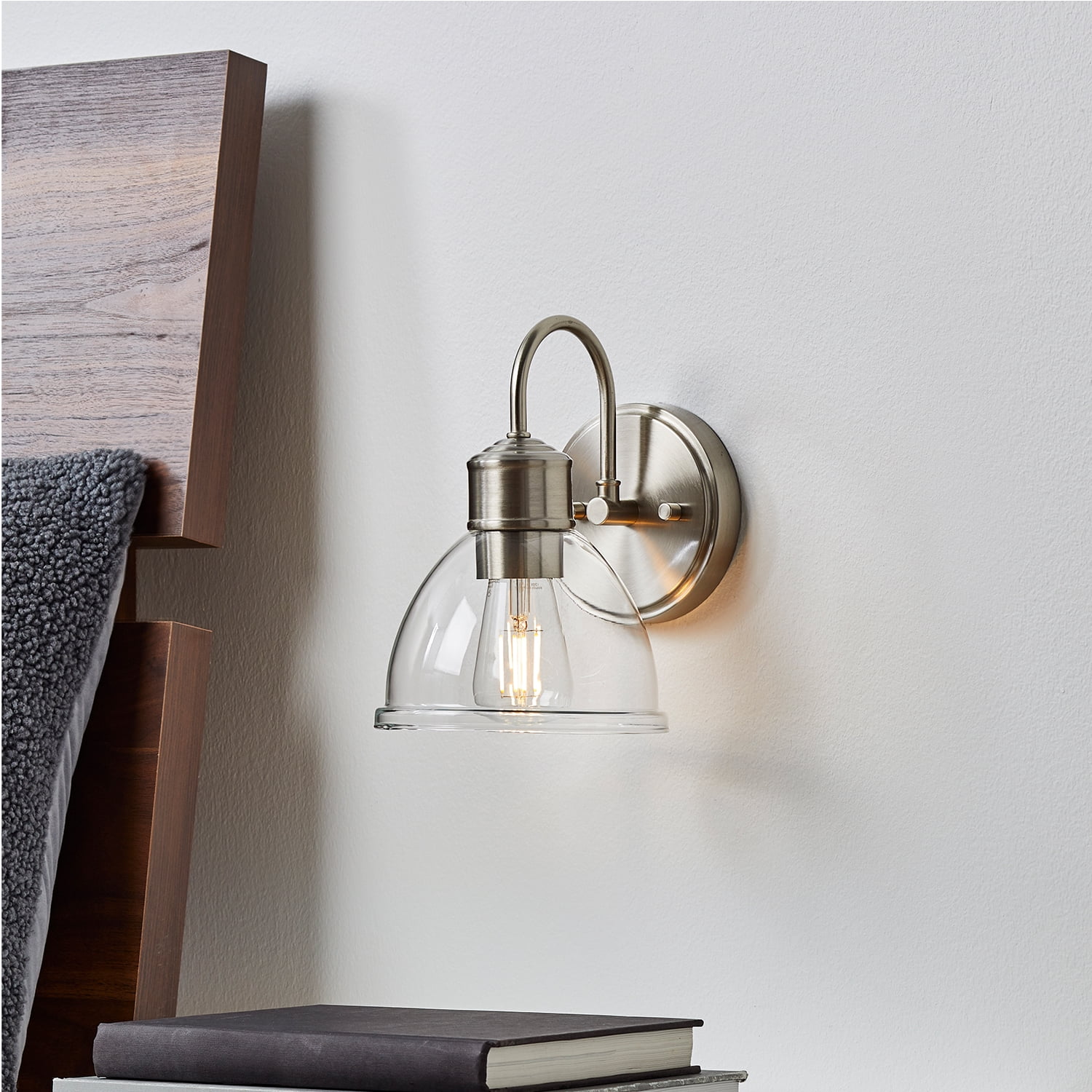Better Homes & Gardens Silver 1-Light Indoor Wall Sconce, Glass Shade, LED Bulb Included, No Battery
