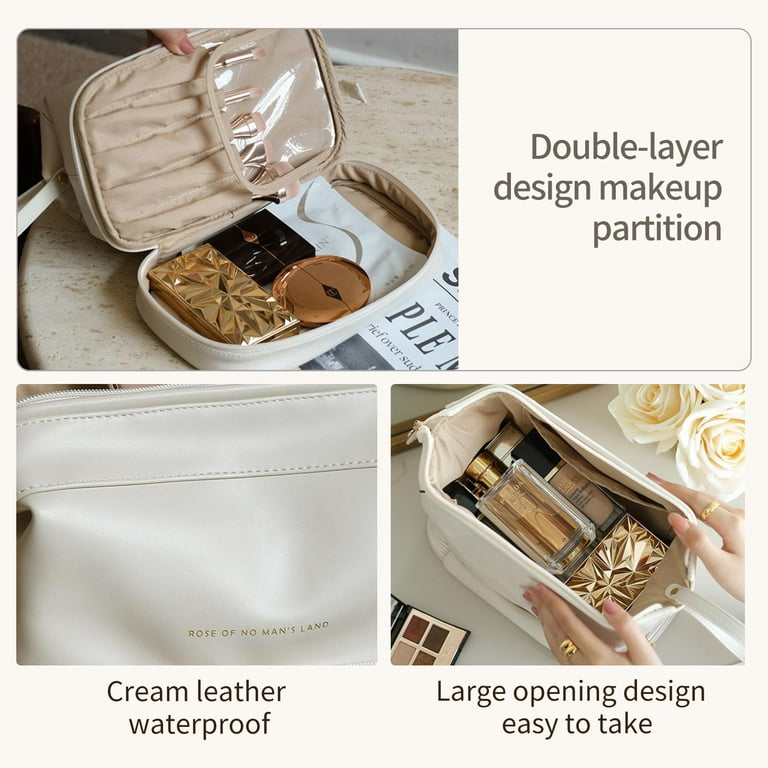 Omnpak Makeup Bag, Open Flat Cosmetic Bag, Small Zipper Pouch for Women,  Makeup Organizer for Travel or Daily Use, Brown
