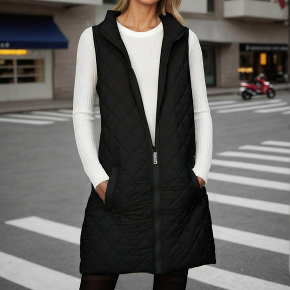 Womens Sleeveless Quilted Long Puffer Vest Hooded Jacket Coats (Black XL)
