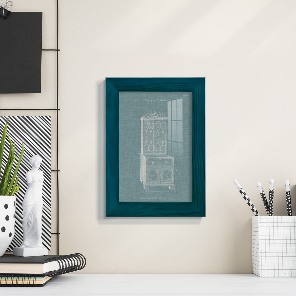 Hepplewhite Desk & Bookcase III - Framed Print w/glass - Ocean Blue