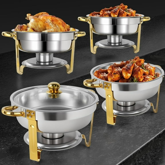 Jacgood 4 Pack 6 Quart Stainless Steel Round Chafing Dish Set Buffet Catering Serving Sets Gold Chafing Dish Buffet Set with Glass Lid