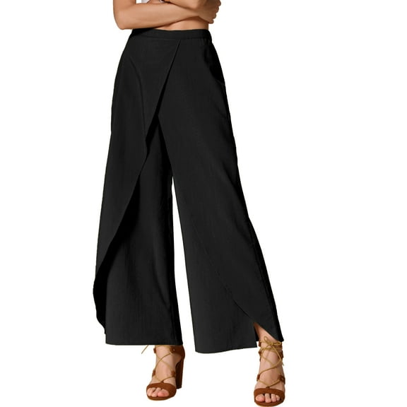 INSPIRE CHIC Casual Wide Legs Pants for Women's Elastic High Waist Split Side Loose Trousers XS Black