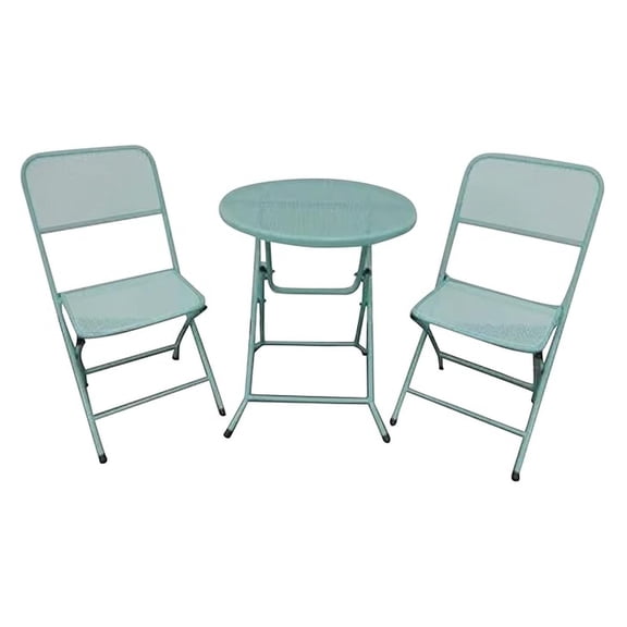 Padova Foldable 3 Piece Powder Coated Steel Mesh Outdoor Patio Bistro Dining Set, Includes 1 Table and 2 Chairs, Blue