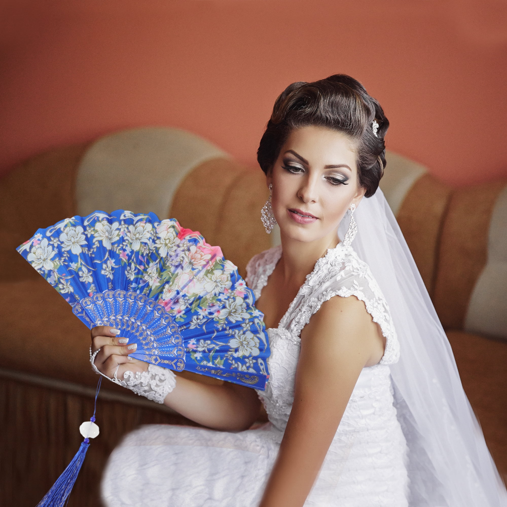 Unique Bargains Floral With Tassel Folding Fan 1Pc Blue