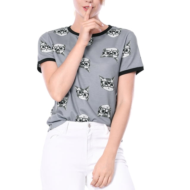INSPIRE CHIC Women's Short Sleeve Contrast Cartoon Cats Pet Print Tee Ringer T-Shirt Tops XS Gray