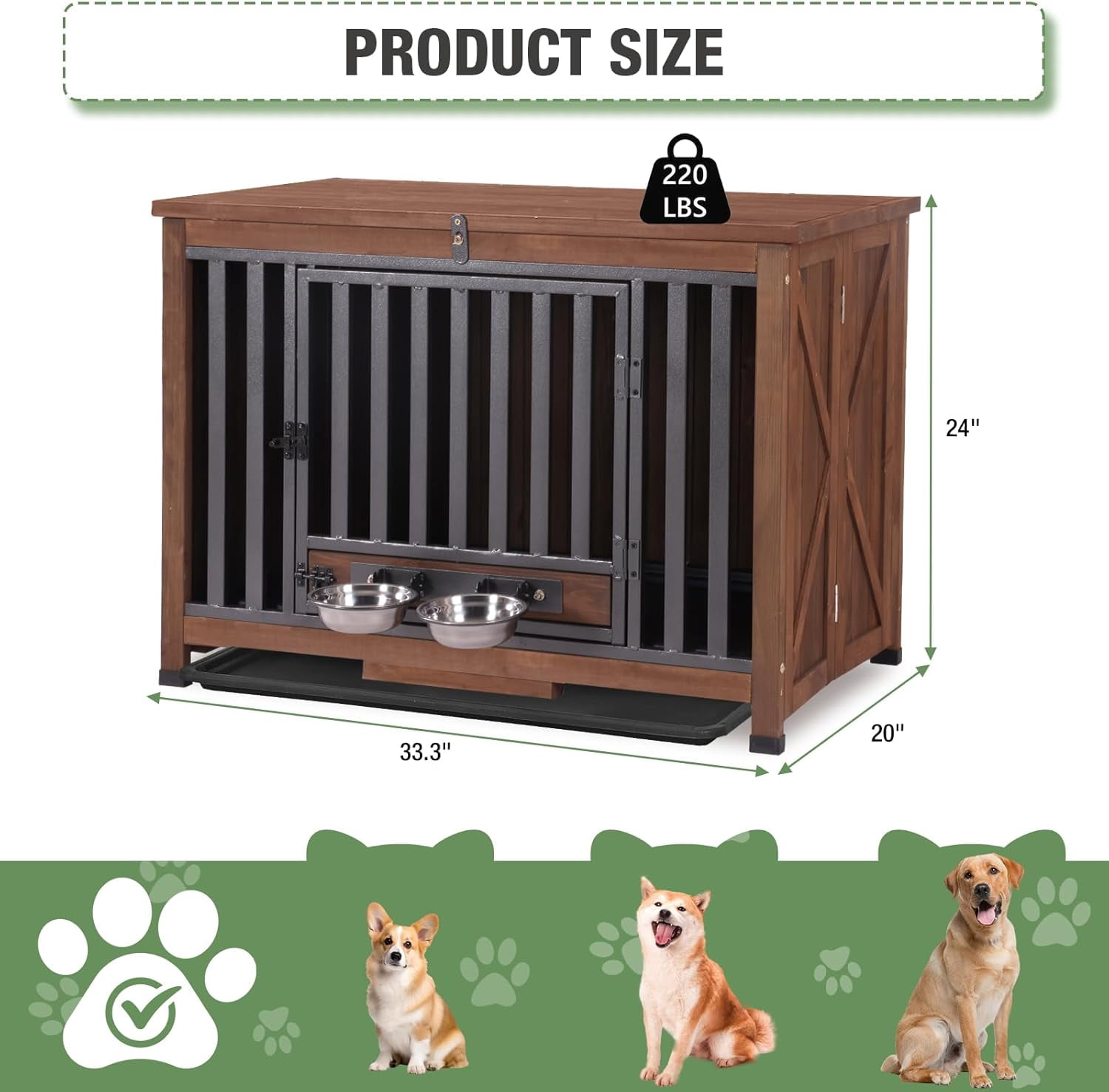 MEDEHOO 33.3’’ Dog Crate Furniture, Folding Dog Crates with 360° Rotating Bowls, Wooden Puppy Cage Kennel with Metal Frame for Small & Medium Dogs Indoor, Removable Tray and Floor (Brown)