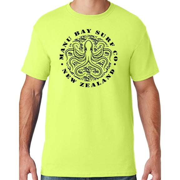 Mens Manu Bay Surf Company BLACK OCTOPUS T-shirt, 3XL Safety Green