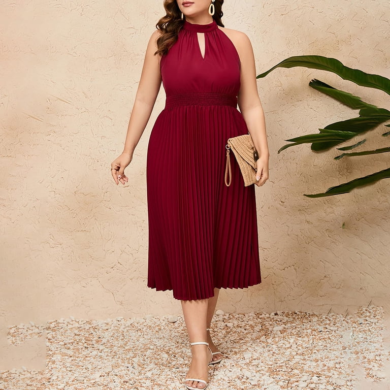 Yesfashion Women's Plus Size Halter Neck Sleeveless Pleated Midi Dress  Summer Backless Flowy Beach Sundress - Walmart.com