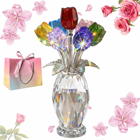 Everlasting Crystal Rose Flower Figurine in Vase, Colorful Crystal Rose Flower with Vase for Living Room Desk Bedroom, Elegant Crystal Flowers in Vases Gift for Women Wife Mom Anniversary