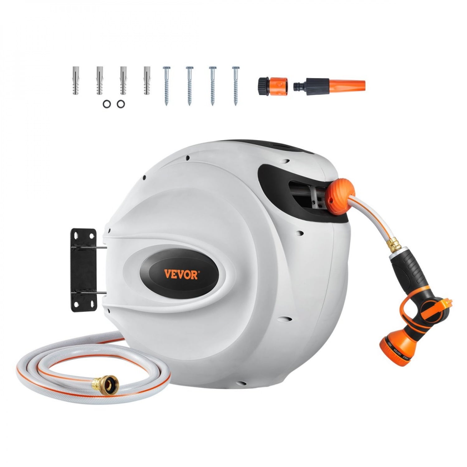 Auto Rewind Lockable Retractable Hose Reel 115ft x 1/2 Inch 180 Degree Swivel Wall Mounted PVC Orange Heavy Duty All Weather