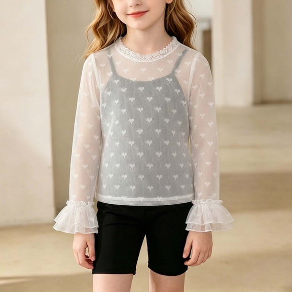 Girls White Mesh Long Sleeve Top – Lightweight Sheer Layering Shirt with Heart Print, Casual Flowy Blouse for Ages 3-12,Size 2-3 T