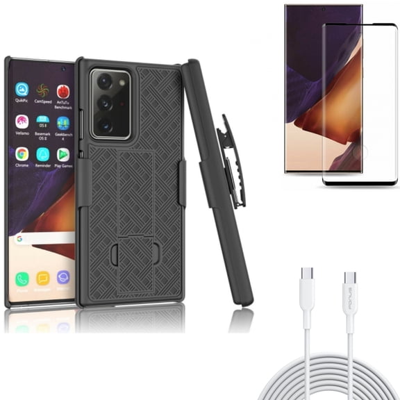 6ft Long Type-C Cable & Screen Protector & Case Belt Clip for Samsung Galaxy Note 20 Ultra (6.9") - Combo with PD Fast Charger Cord Power & Tempered Glass (Fingerprint Unlock) & Holster Swivel