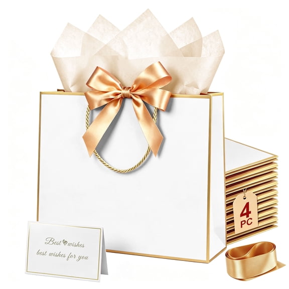 TickJOY 4 Pcs Gift Bags with Handles Medium Size - Birthday Gift Bags with 8 Tissue Paper and 4 Cards for Gift Wrapping and Presenting - Durable Design for Birthdays, Weddings & Parties, White