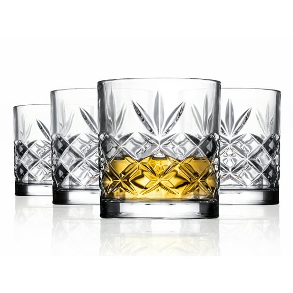 Royalty Art Kinsley Bourbon Whiskey Glasses, Set of 4, Short Lowball Glass Drinkware for Scotch, Beer, Rye, or Old Fashioned Liquors, Vintage Textured Finish, 10.6 oz. Each