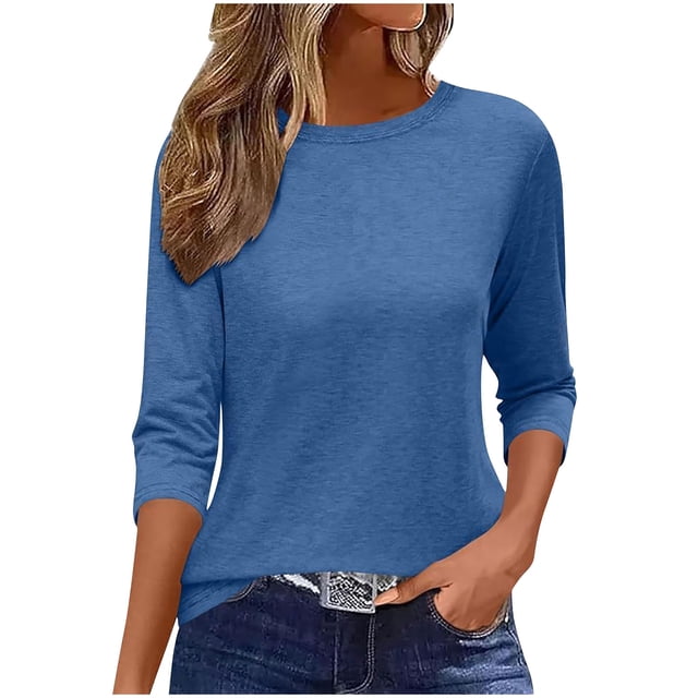 ameIAEA Women's 3/4 Sleeve T-Shirts Crewneck Solid Color Casual Tees Summer Spring Basic Tops