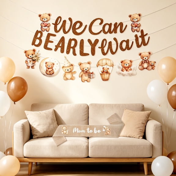 Bear Themed Mom to Be Party Decorations Set - We Can BEARLY Wait Banner, Balloons & Sash for Warm Gatherings