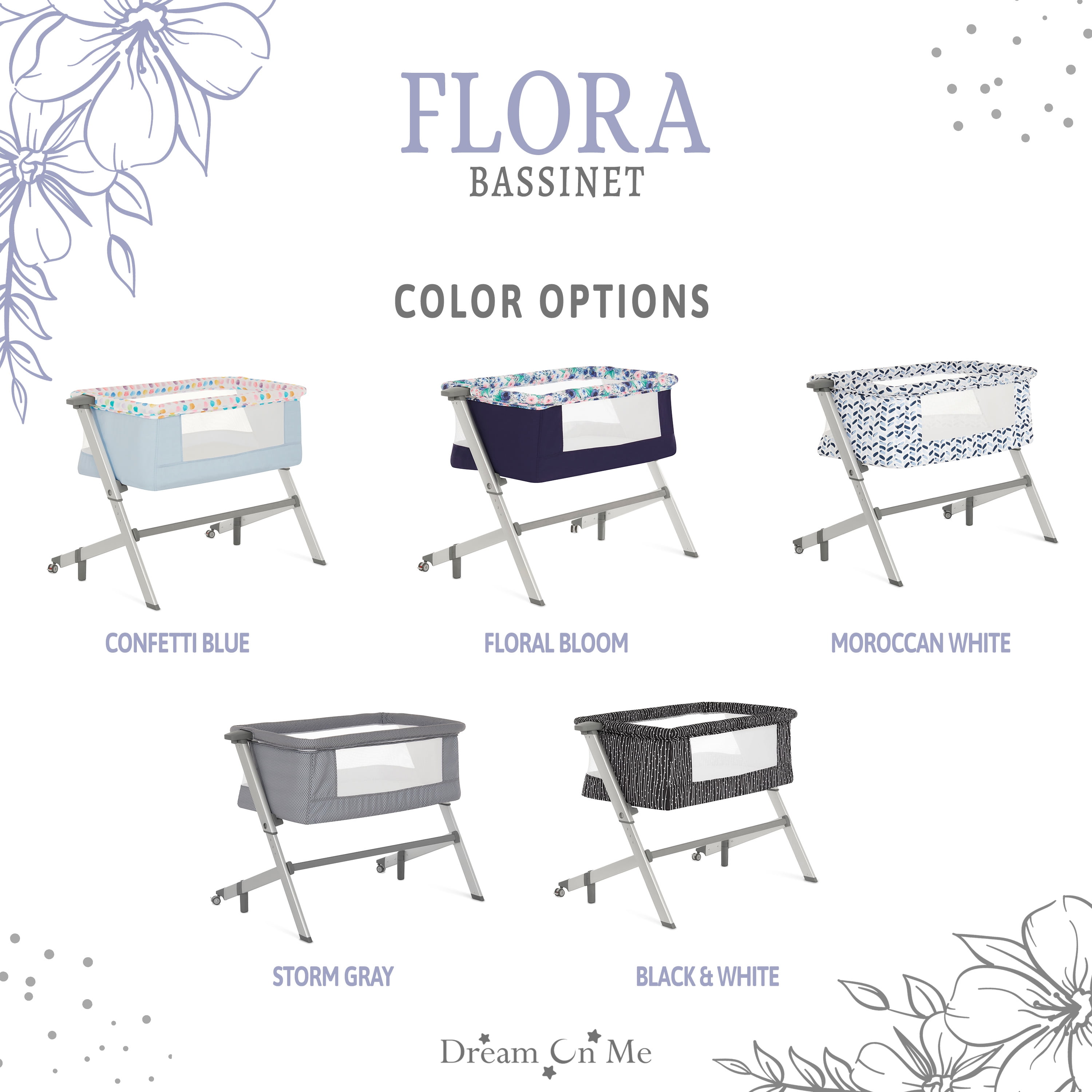 Dream On Me Flora Bassinet with Carry Bag , Compact & Modern, Black & White