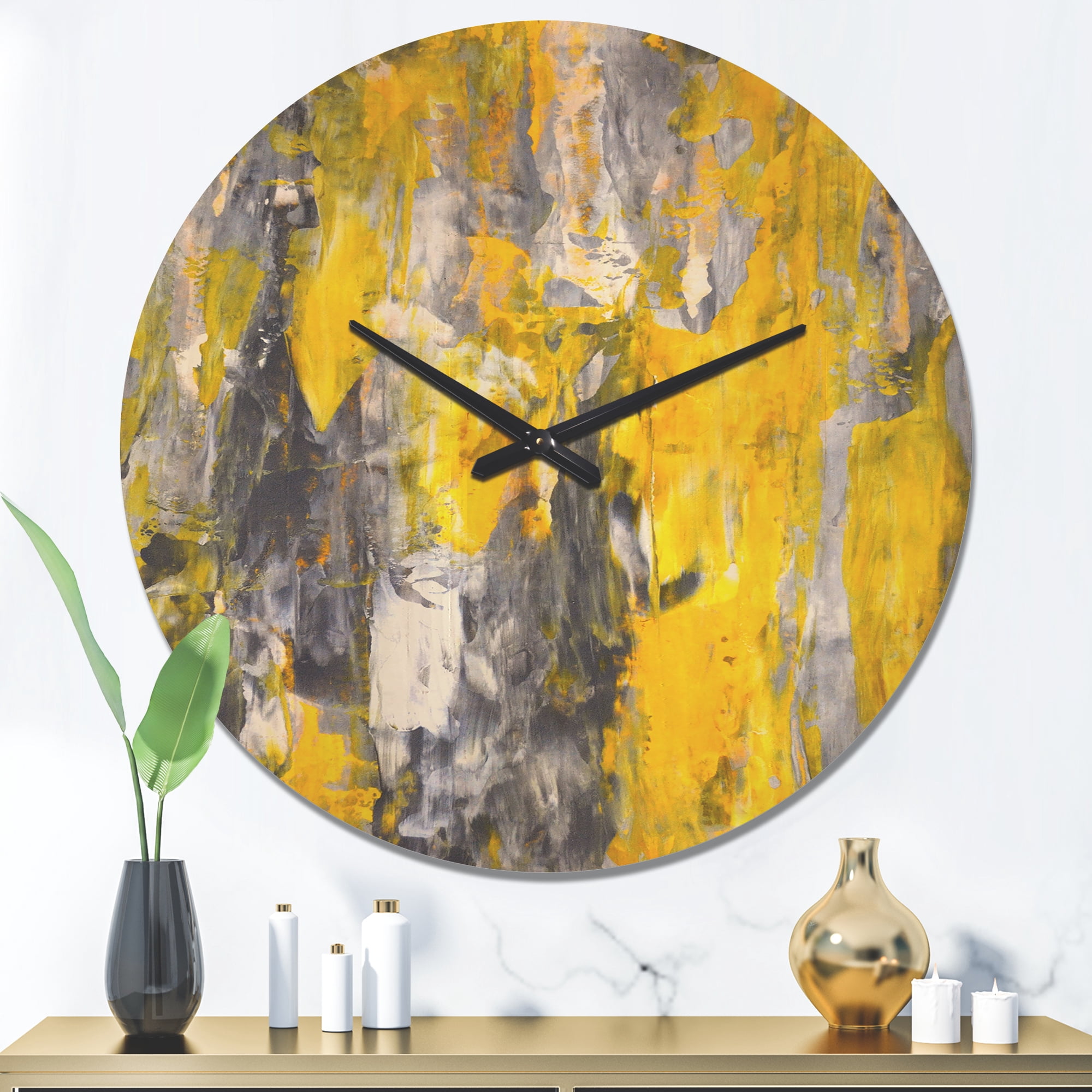 Designart 'Yellow and Grey Abstract Pattern' Modern Wood Wall Clock