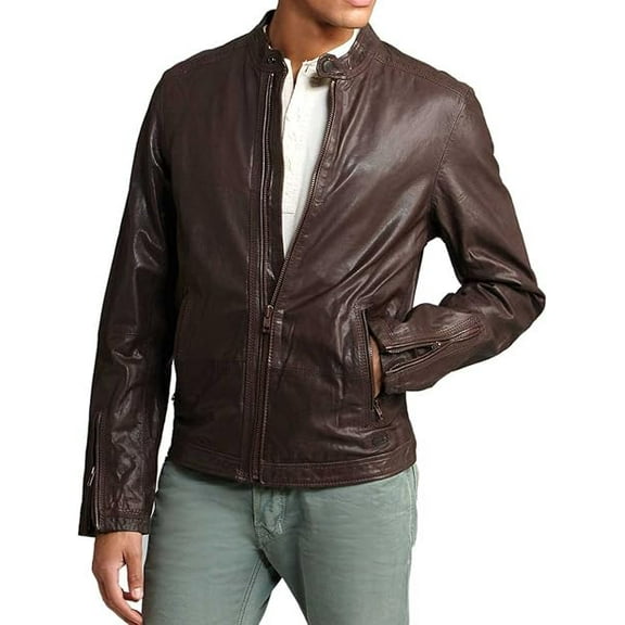 Men's Genuine Lambskin Brown Leather Jacket Biker Soft Stylish Motorcycle Jacket A681