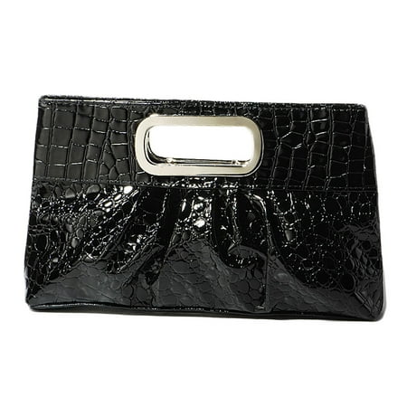 Chicastic Oversized Glossy Patent Leather Casual Evening Clutch Purse with Metal Grip Handle - Black
