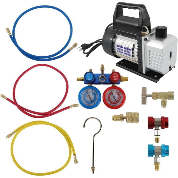 kimllier Vacuum Pump 3CFM 1/4HP 110V Rotary Vane Vacuum Pump Kit Gauge Set Fit for Air Conditioning Maintenance