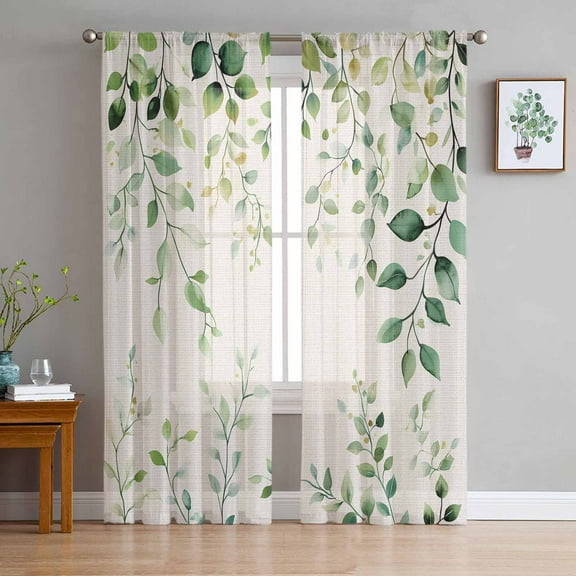 Green Eucalyptus Semi Sheer Curtains 63 Inch Length 2 Panels Set, Country Nature Leaf Succulent Plant Sheer Kitchen Curtain Privacy Voile Window Curtain for Living Room Bedroom Rod Pocket Drapes