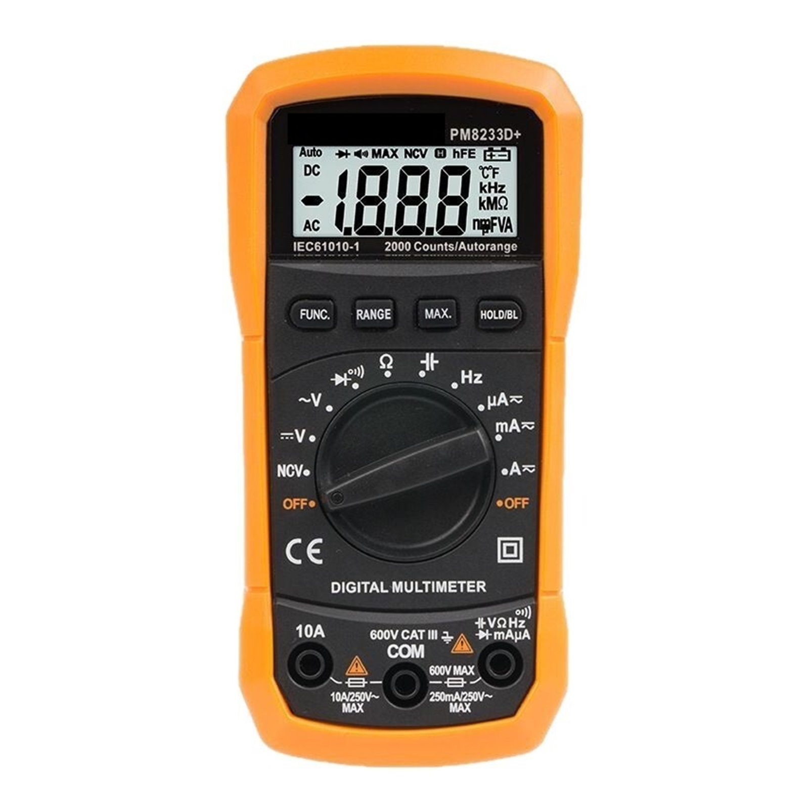 PM8233D Multimeter 2000 Counts Digital Multimeter DC AC Volt Meter Ohm Volt Amp Tester Measures Voltage Current Resistance Capacitance Continuity Diode Duty-Cycle Frequency NCV Live Wire Test