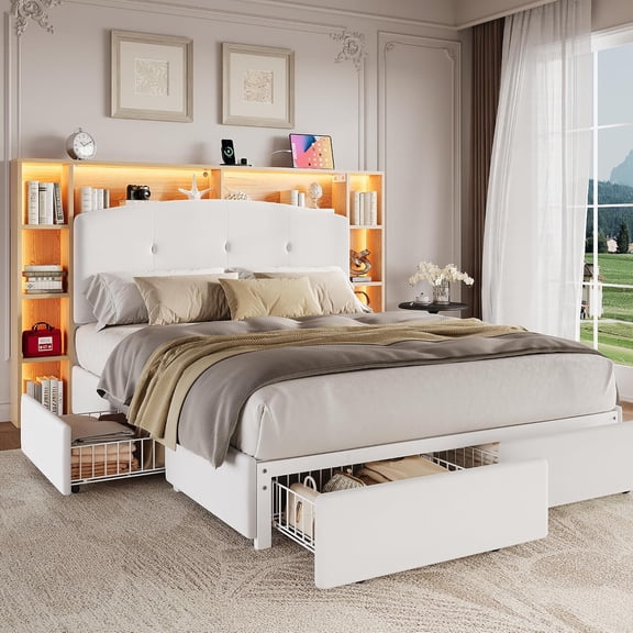 Virans Full Size Bed Frame with 5-Tier Storage Headboard & 4 Large Drawers, Velvet Upholstered Platform Bed with LED Lights & Charging Station