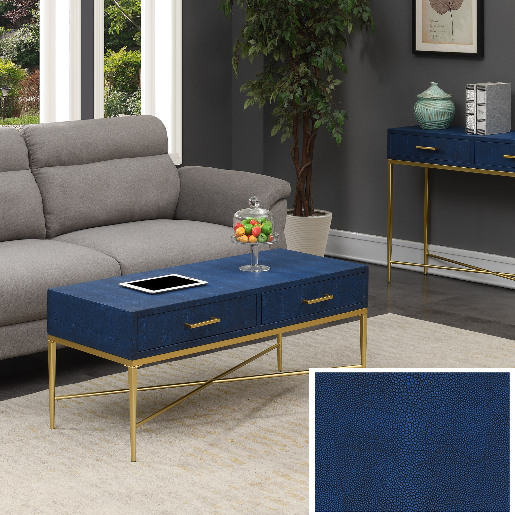 Convenience Concepts Ashley Coffee Table in Blue Faux Leather/Gold Wood Finish 