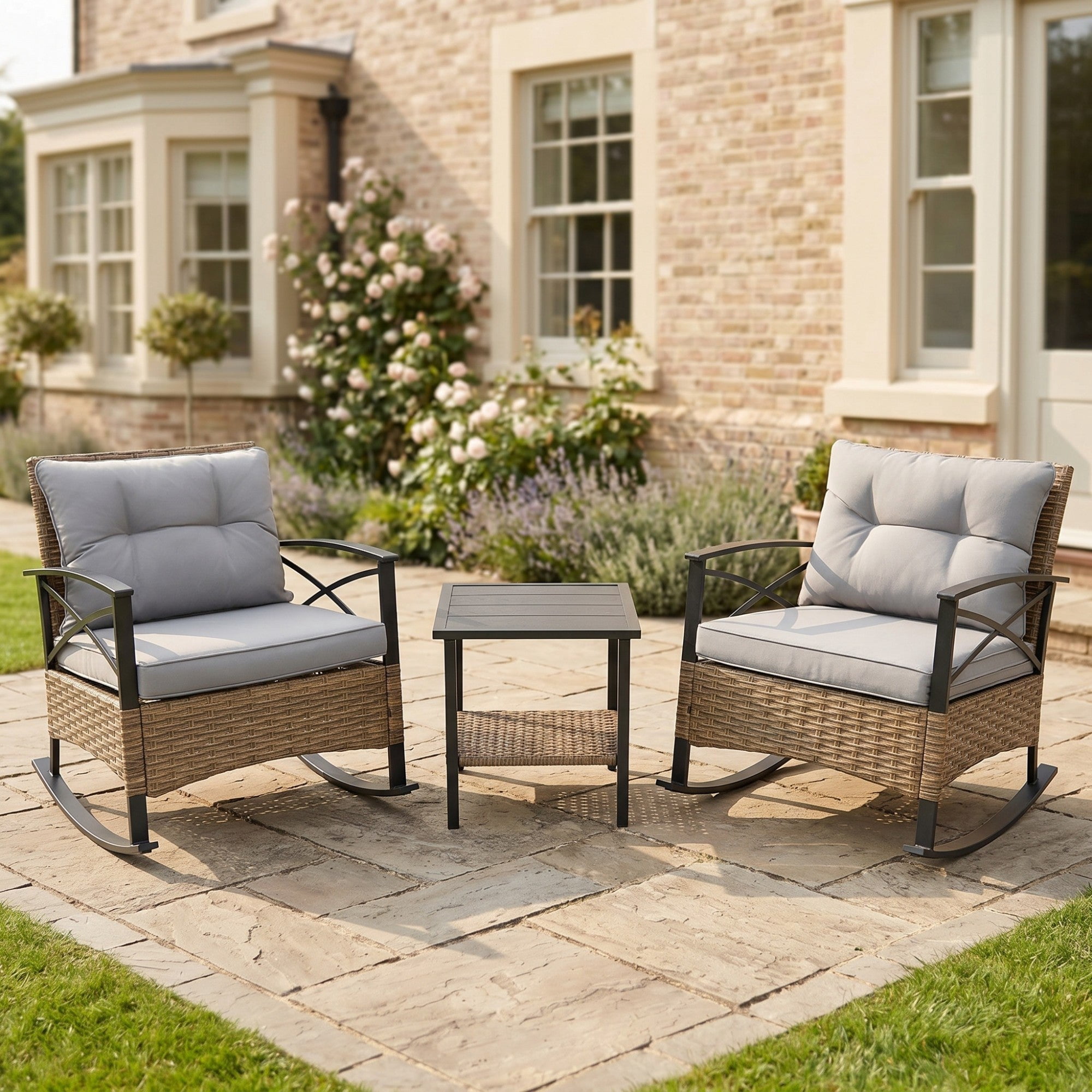 Sailvan 3 Piece Outdoor Chair Set, Wicker Leisure Rocking Patio Furniture Set with Side Table