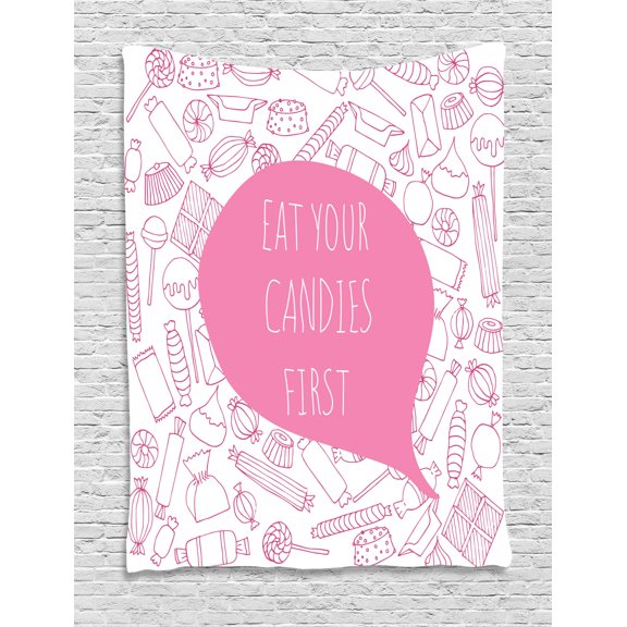 Quote Tapestry, Eat Your Candies First Lettering in Speech Bubble with Various Sweets Funny Saying, Wall Hanging for Bedroom Living Room Dorm Decor, 60"W X 80"L, Pink White, by Ambesonne