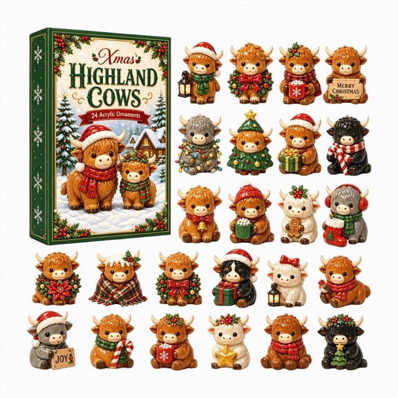 2026 Christmas Highland Cow Advent Calendar 24 Acrylic Ornaments | 24-Day Countdown, Farmhouse Decor, Daily Unboxing, Collectible Figurines, Festive Display Set